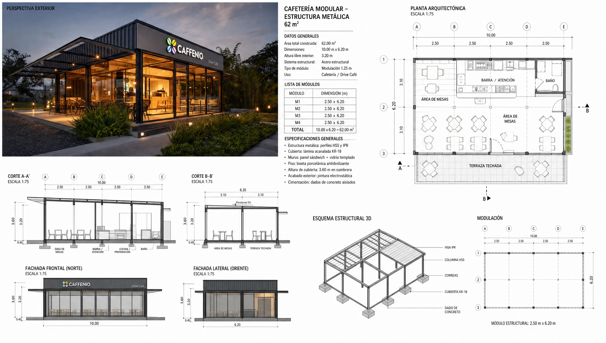 Plano arquitectonico Cafeteria Modular 62 m2